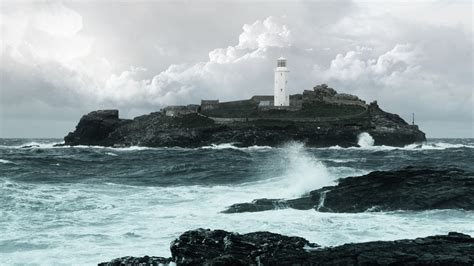 Architecture Rocks Shore Wet Ocean Sky Clouds Lighthouse Sea