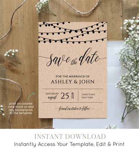 Rustic Save the Date Template, Instant Download, Wood String Lights ...