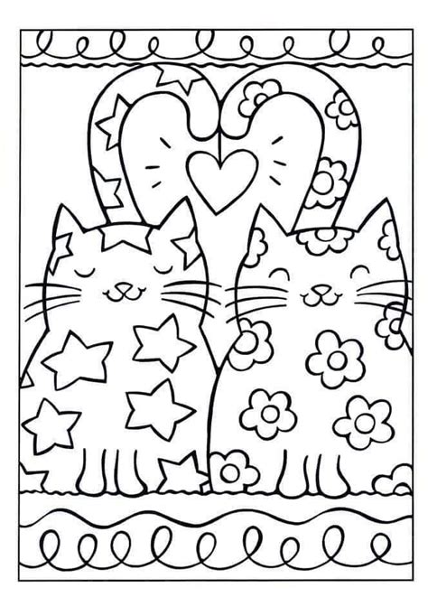 A Coloring Page With Two Cats And Hearts