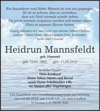 Traueranzeigen Von Heidrun Mannsfeldt Abschied Nehmen De