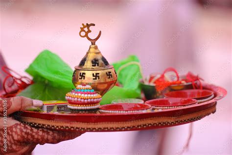 Indian traditional wedding ceremony : Decorative puja thali Stock Photo ...