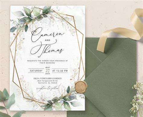 Elegant Greenery Wedding Invitation Template Geometric Wedding Invite