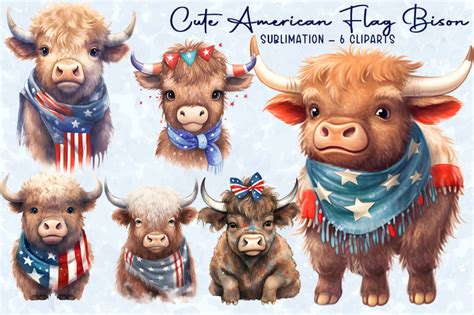 Cute American Flag Bison Sublimation By Zemira Thehungryjpeg