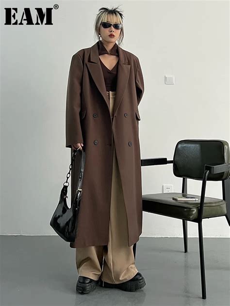 Eam Women Brown Big Size Long Trench New Lapel Long Sleeve Loose Fit