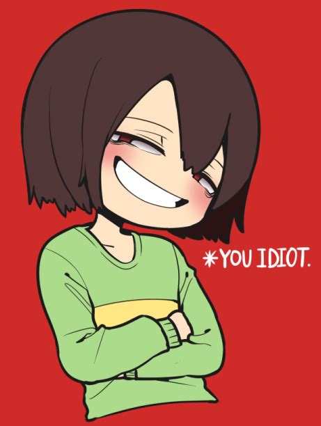 Safebooru Androgynous Blush Brown Hair Chara Undertale Crossed Arms English Grin Half Closed