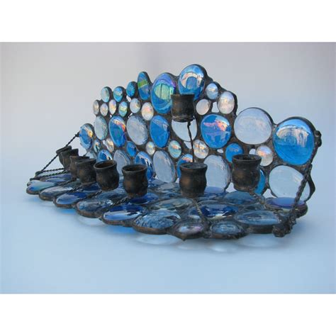 Blue Stained Glass Menorah Stained Glass Candle Holders Stained Glass Candles Stained Glass