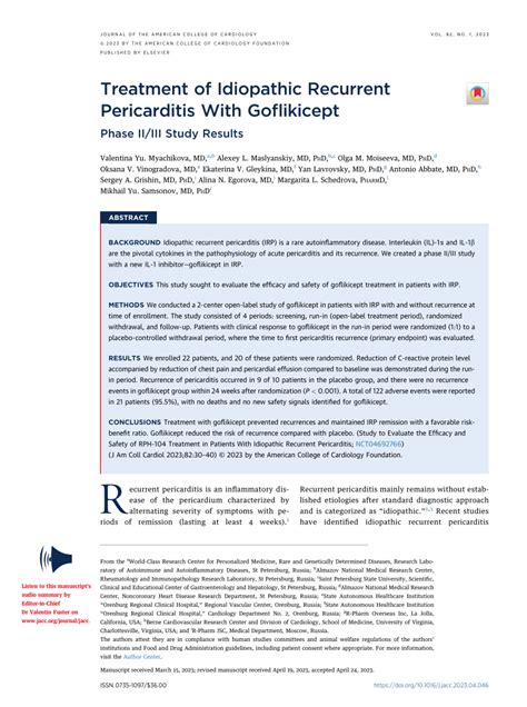 Pdf Treatment Of Idiopathic Recurrent Pericarditis With Goflikicept