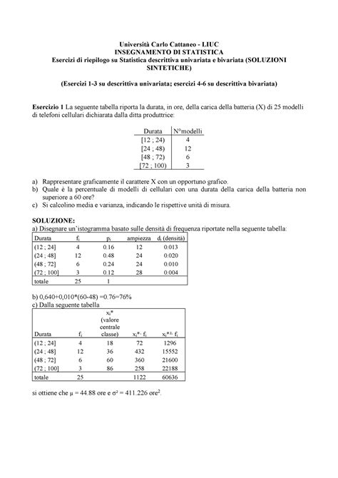 Esercizi di riepilogo Statistica Descrittiva Soluzioni Università