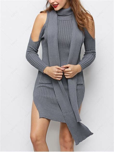 [25 Off] 2021 Slit Cold Shoulder Sweater Dress In Gray Zaful