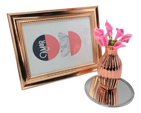 Kit Porta Retrato X Cm Rose Gold Bandeja Cm Vaso Buque