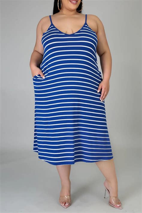 Wholesale Deep Blue Sexy Casual Plus Size Striped Print Backless Spaghetti Strap Sleeveless