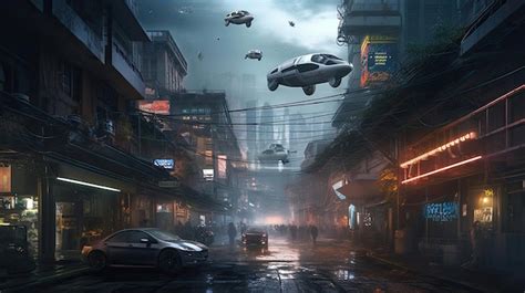 Premium Ai Image Cyberpunk Street Scene With Flying Cars