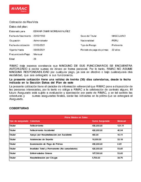 Cotizaci N Edward Morisaki Cotizaci N De Flexivida Datos Del