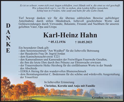 Traueranzeigen Von Karl Heinz Hahn Trauer In Thueringen De