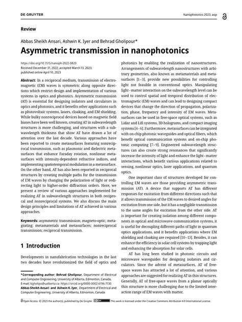 Pdf Asymmetric Transmission In Nanophotonics