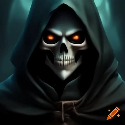 Female Grim Reaper In Foggy Graveyard On A Hill Wearing Black Cloak And