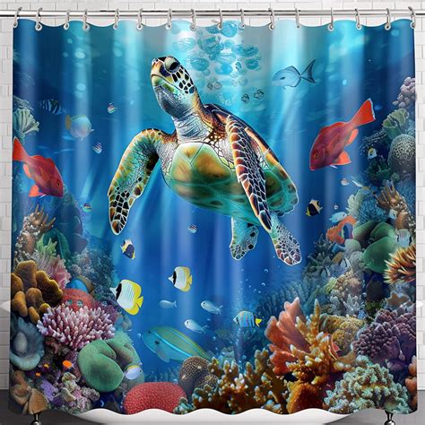 Vibrant Underwater Scene Fabric Shower Curtain With Sea Turtle Coral