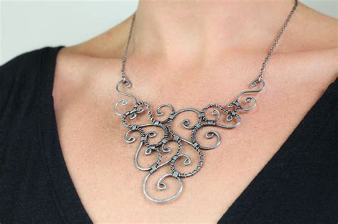 Urban Whimsy Wire Wrapped Spirals Statement Necklace Hammered Steel