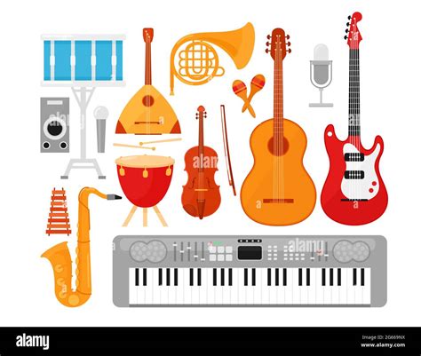 Music Instruments Flat Vector Illustrations Set Acoustic And Electric