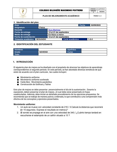 PLAN DE Mejoramiento 9no Física 2023 2T COLEGIO BILINGÜE MAXIMINO