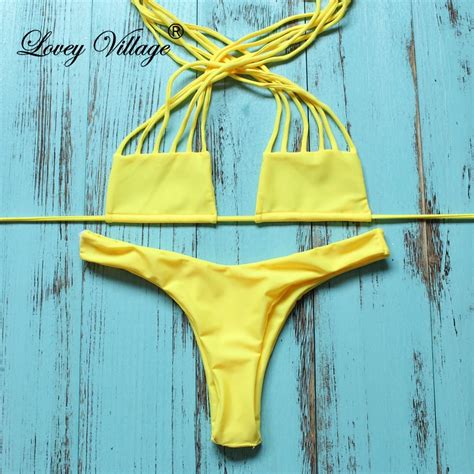 Lovey Village Swimwear Women Bikini 2016 Yellow Bandage Bikinis