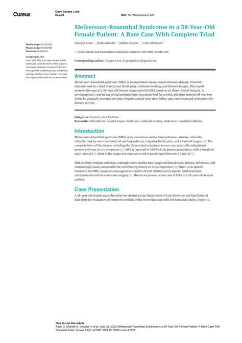 Pdf Melkersson Rosenthal Syndrome In A 38 Year Old Female Patient A