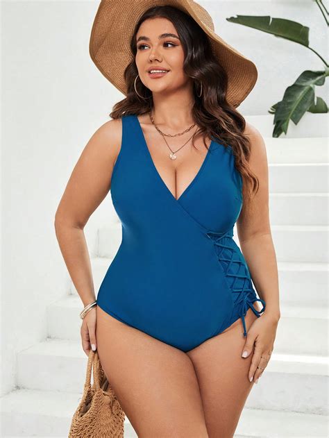 Plus Lace Up Side One Piece Swimsuit Shein Usa