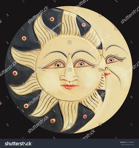 Sun Moon Profiles Ancient Carved Wooden Stock Photo 274798907