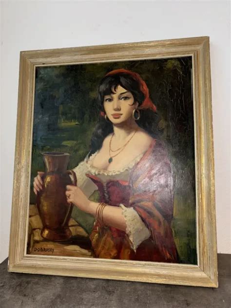 Ancien Tableau Huile Sur Toile Sign Dobrosky Portrait Femme Gitane Eur