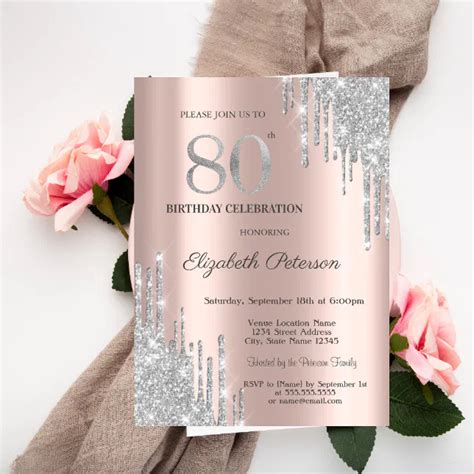 Silver Glitter Drips Rose Gold 80th Birthday Invitation Zazzle