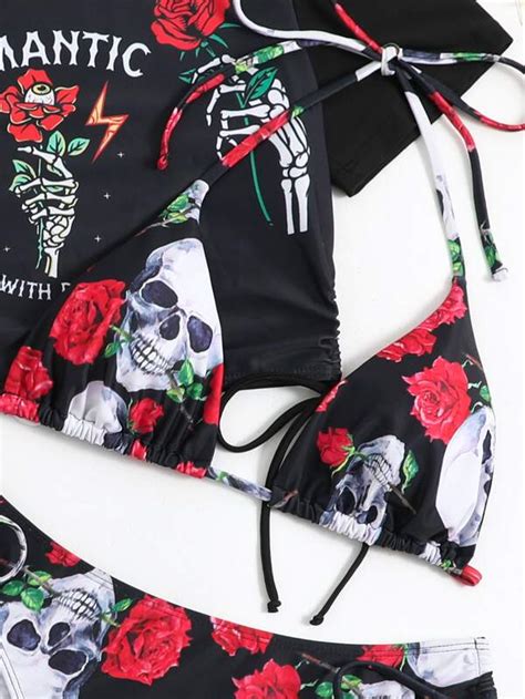 Shein Swim Hotgoth Conjunto De Bikini Con Estampado Floral Y Esqueleto