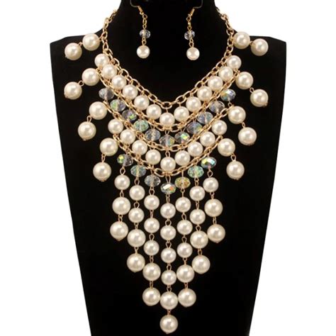 Fashion Crystal Imitation Pearls Necklace And Earring Tassel Multi