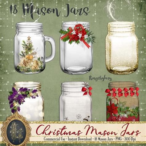 18 Christmas Mason Jars Clip Arts 300 Dpi Png Instant Download