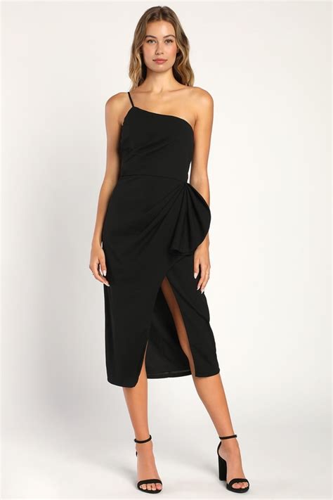 Black Midi Dress One Shoulder Midi Dress Ruffled Dress Lulus