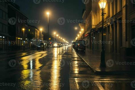 City street at rainy night road and streetlights at night background ...