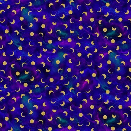 SPECIALTY FABRICS Gold Metallic Celestial Moons On Blue Purple And