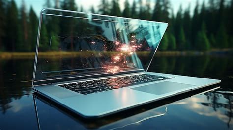 Premium Ai Image Flying Laptop Mock Up With Transparent Screen Isolated