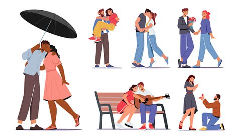 Set Couples In Love Loving Man And Woman Kissing Under Umbrella Girl Getting Flower Bouquet