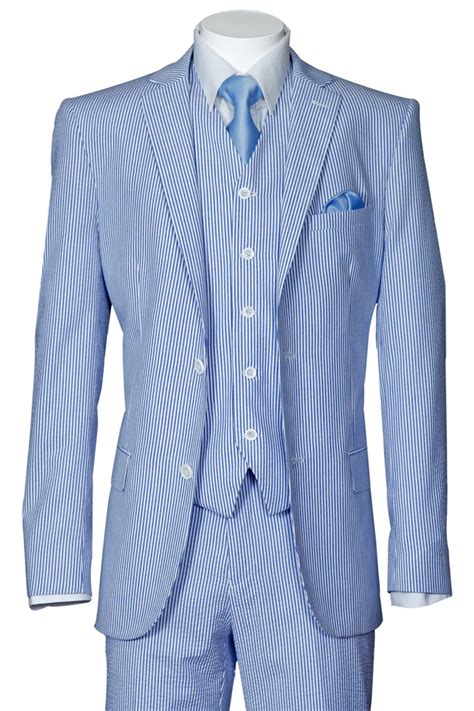 38 Blue Seersucker Suit For Men 2 Button Vested Summer Style