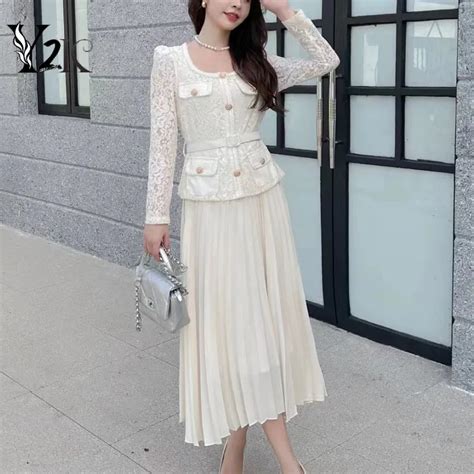 Y2K Clothes Autumn Spring Lace Patchwork Pleated Dress Woman Traf