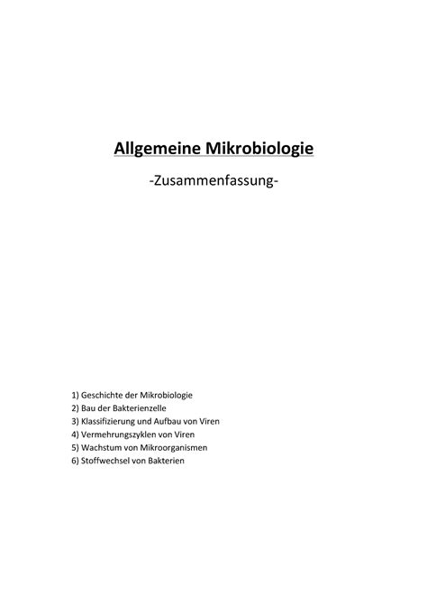 Mikrobio Zusammenfassung Klausurvorbereitung Allgemeine