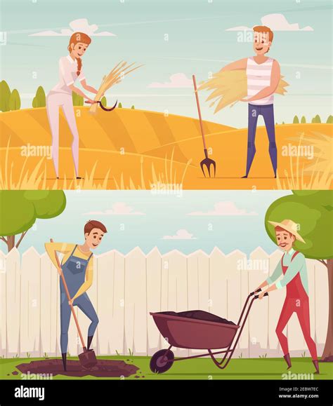 Dos Composiciones De Dibujos Animados De Agricultores Jardineros Con