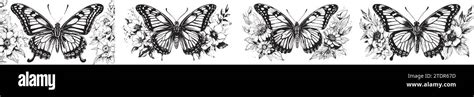 Monarch Butterfly With Flower Silhouettes Collection Vector