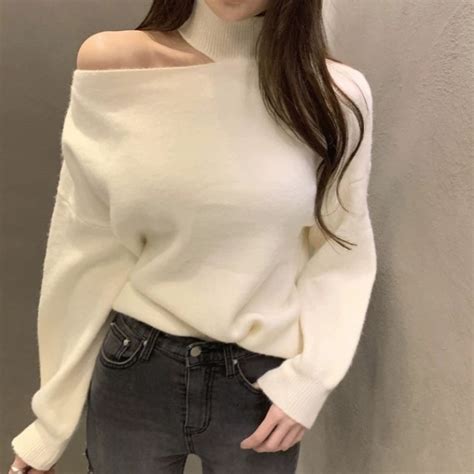 Xiaozhainv Korean Womens Solid Color Loose Off Shoulder High Neck Knitted Sweater Top Shopee