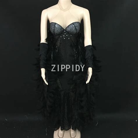 Fashion Flashing Black Rhinestones Sequins See Through Dress Nightclub