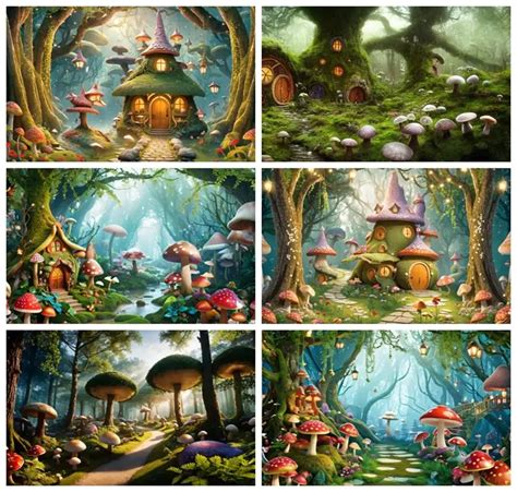 Laeacco Spring Enchanted Forest Backdrop Fairy Garden Tale Mushroom