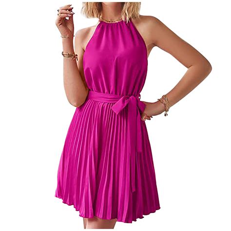 Munlar Hot Pink Women S Sun Dress Halter Neck Sleeveless Dress Pleated