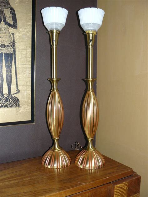 Ca 1960 Rembrandt Orange And Goldtone Torchiere Table Lamps Mid Century Modern Midcentury