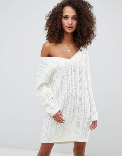 Asos Design Cable V Neck Mini Dress In Cream Slouchy Sweater Dress