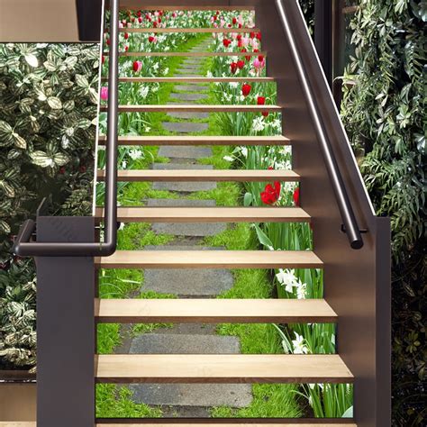 Stair Stickers Landscape Stone Road Stairway Vinyl Adhesive Flower Plant Sticker Waterproof